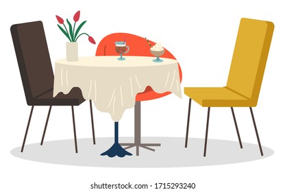 Chairs near single leg table for meal and drinks. Place for date in cafeteria, interior of cafe. Desk with flowers, dessert and coffee. Vector illustration of furniture in coffeehouse in flat style