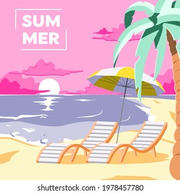 Chairs and Palm on tropical beach near the sea shore. Summer Travel and Summer Vacation Postcard. Pink sunset on the sandy beach landscape vector illustration. 