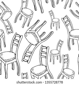 chairs pattern, seamless pattern hand drawn sketch of furniture, black and white drawing, vector pattern without background