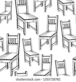 chairs pattern, seamless pattern hand drawn sketch of furniture, black and white drawing, vector pattern without background
