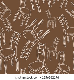 chairs pattern, seamless vector pattern hand drawn sketch of furniture, white line drawing on brown background