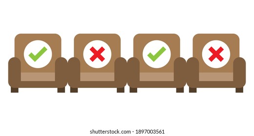 Chairs in public with sit and do not sit symbols. keep the social distancing concept.