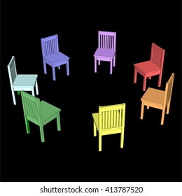  Chairs in rainbow colors arranged in a circle. Vector illustration. 