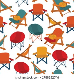 Chairs seamless vector pattern. Repeating background Camping Picnic Patio Chairs. Different types of chairs