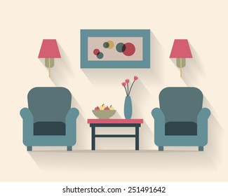 Chairs with small table, home interior. Flat style vector illustration.