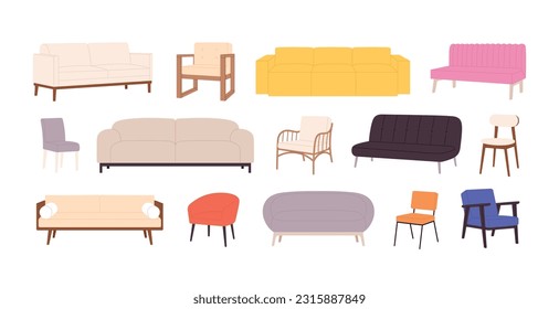 Sillas y sofás, sofá cómodo y mullido. Mobiliario de oficina o casa aislado, sillón y sofá. Elementos vectoriales de decoración de racy de salón y dormitorio