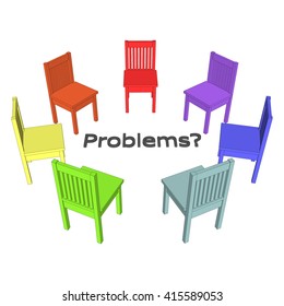 Chairs stand in a circle painted in the colors of the rainbow. Classic office chairs 3d. 