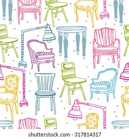 chairs, stools, lamps, furniture, table, seamless pattern. Beautiful background 