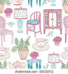 chairs, stools, lamps, furniture, table, seamless pattern. Beautiful background 