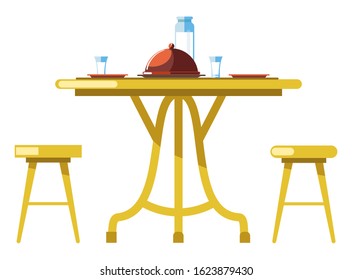Chairs or stools and round table, water bottle and cups, cafe furniture isolated icon vector. Tray with cover, served dish and beverage. Cafeteria interior elements, order for two with plates