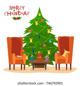 Chairs and table with cups of tea or coffee, teapot, pillow and book. Decorated christmas tree with star, lights, decoration balls and lamps. Flat cartoon style vector illustration.