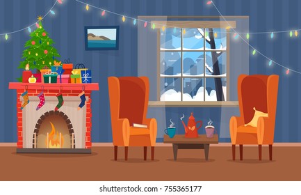 Chairs and table with cus of tea or coffee, cookies and pillow. Christmas fireplace with gifts, socks  and candles. Winter window with lights. Flat cartoon style vector illustration.