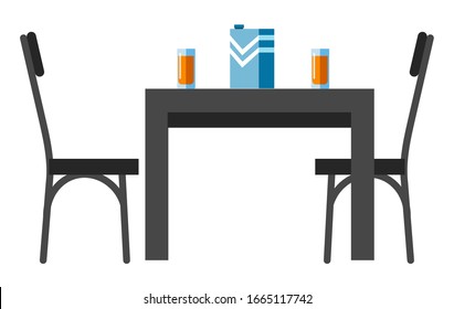 Chairs and table with drink glasses, orange juice pack on top. Sitting and served drinks for two people, side view. Empty, furniture, interior design. Graphic vector illustration on white background.