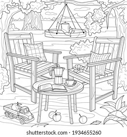 
Stühle und Tisch im Garten. Picnic.Coloring Buch Antistress für Kinder und Erwachsene. Illustration einzeln auf weißem Hintergrund.Zen-Winkel-Stil. Handziehen