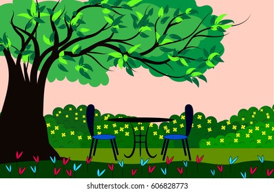 chairs and table in the garden under tree shadow. summer time, flat design.