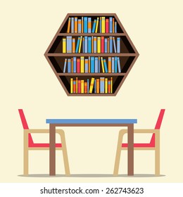 Sillas Y Mesa Con Estante Hexagón En La Ilustración Del Vector De Pared