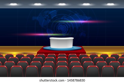 chairs and table on the stage in the hall