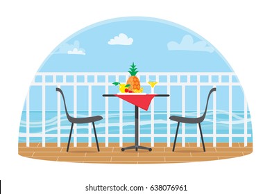 Chairs and Table on the terrace balcony in the restaurant View over the sea. Water landscape. Dinner Picnic with fruit. Pineapple. Flat style vector illustration.