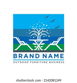 Chairs and Table Placed in a Garden with an active fountain in its back against a Blue Sky Background  to Illustrate an Outdoor Furniture Theme Vector Graphic 