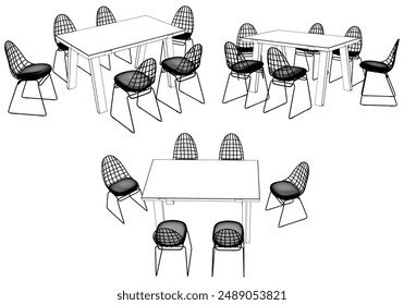 Chairs and Table Set Illustrated Outline. White Background, Ideal for Interior Design and Restaurant Concepts