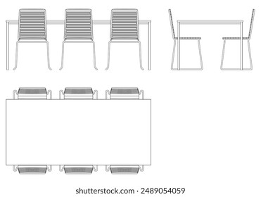 Chairs and Table Set Line Vector Illustration. Different Views of Modern Chair, Ideal for Furniture Design and Interior Concepts with Front, Side, and Top Views