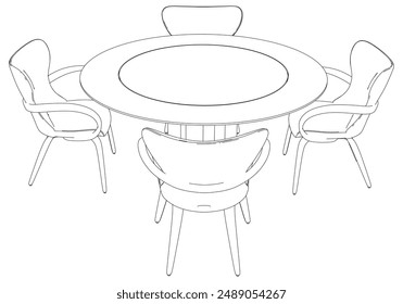 Chairs and Table Set Line Vector Illustration. Different Views of Modern Chair, Ideal for Furniture Design and Interior Concepts 