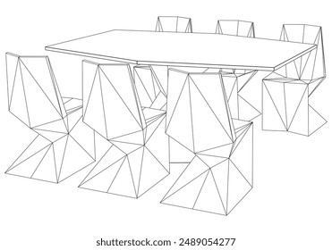 Chairs and Table Set Line Vector Illustration. Different Views of Modern Chair, Ideal for Furniture Design and Interior Concepts 