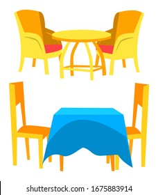 Chairs and table with tablecloth, two empty seats, dining place on white, element of cafe or restaurant. Bar wooden furniture, objects for meeting, apartment symbol, eating sign, vector flat style