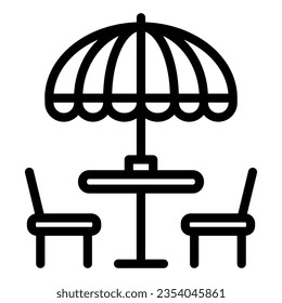 Chairs and table with umbrella line icon, Street food concept, Outdoor table with umbrella sign on white background, outside cafe symbol in style for and web. Vector graphics.