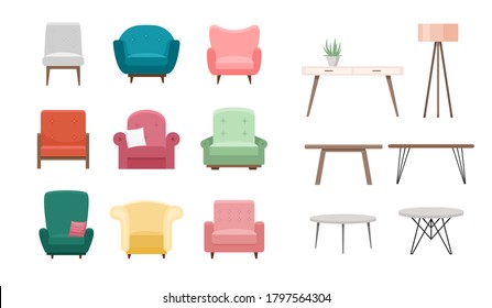 Chairs and tables vector illustration set. Cartoon flat design of furniture, modern cozy armchair in different color, furnished living room interior for home apartment or office isolated on white