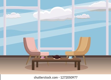 Chairs, tea table, furnitiure, window, teapot, cups, template for interior, living room, for animation, vector, illustration, isolated, cartoon style