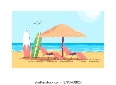 Chairs with umbrella semi flat vector illustration. Summer recreation in tropical resort. Hawaii relaxation. Travel relaxation. Beach activity 2D cartoon scenery for commercial use