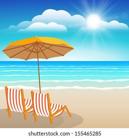 Chairs, umbrella,Seascape vector illustration. Paradise beach.