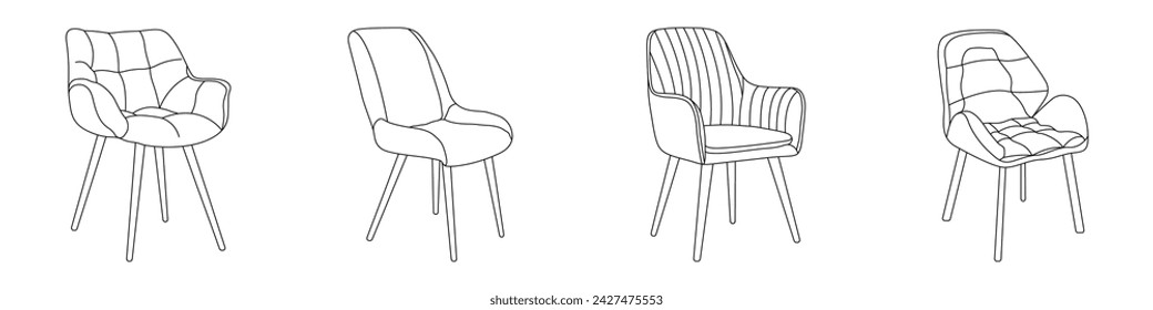 Chairs vector icon set. A set of chairs for the home. Furniture chairs set. A set of soft chairs for a cafe, home, restaurant. Comfortable furniture, interior design for the home.