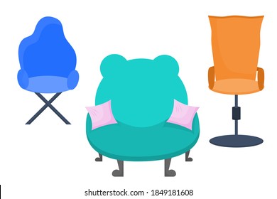 Chairs and chairs for work. A convenient place for freelancing. Collection of computer chairs for the home.Vector illustration.