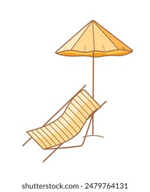 Chaise longue playa paraguas iconos. Ilustración vectorial del concepto de unas vacaciones de verano en la playa para relajarse. Aislado en blanco.