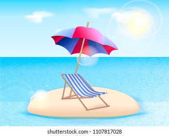 Chaise longue with a beach umbrella on the island. Vector illustration