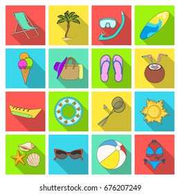 Chaise longue, ice cream, glasses items for summer holidays.Summer rest set collection icons in flat style vector symbol stock illustration web.