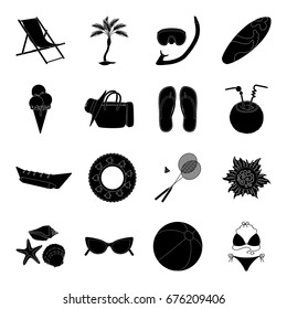 Chaise longue, ice cream, glasses items for summer holidays.Summer rest set collection icons in black style vector symbol stock illustration web.