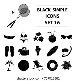 Chaise longue, ice cream, glasses items for summer holidays.Summer rest set collection icons in black style vector symbol stock illustration web.