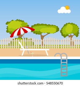 Chaise Longue Near A Home Pool. Flat Design, Vector Illustration. Vector.