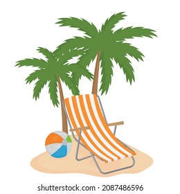 Chaise longue sobre un fondo de palmeras, ilustración de color aislado de dibujos animados