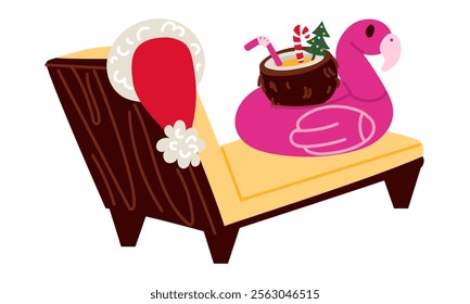 chaise longue with Santa Claus hat. Inflatable flamingo circle, coconut cocktail with umbrella, caramel stick. Christmas celebration in tropical climate. Isolated objects on white postcards, stickers