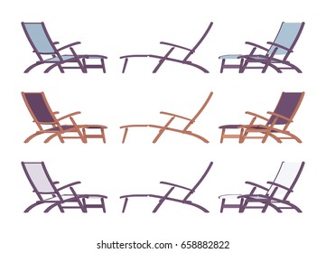 Chaise longue set, sofa, couch furniture, comfy folding chair for pool, sand beach or deck to enjoy summer sun and relax in vacation. Vector flat style cartoon illustration, isolated, white background