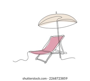 chaise longue with umbrella hand-drawn, continuous monoline, drawing in one line