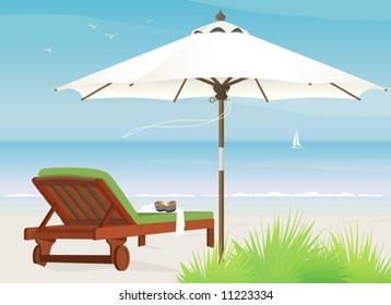 Chaise lounge at the beach with market umbrella; easy-edit layered file