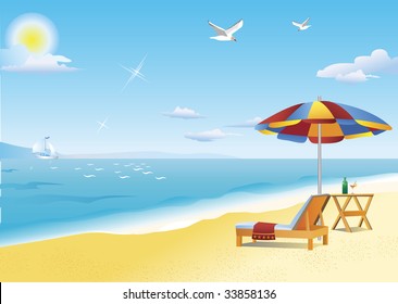 Chaise lounge, beach table and beach umbrella by the sea. Hot summer sun illuminates brilliant blue sky and bright yellow sand. Two seagulls are flying high above. White sailboat is visible far away