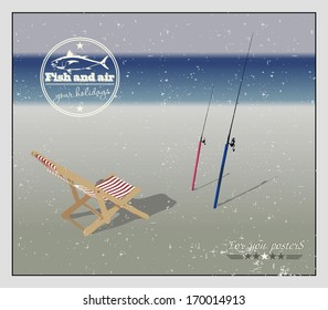 Chaise lounge and fishing rods on the beach. Vector background