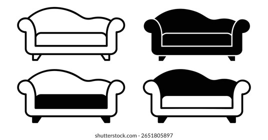 Chaise Lounge Icon Set Black and White Silhouettes of a Modern Sofa Vector Design