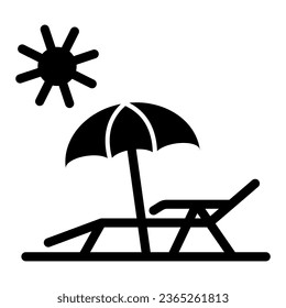 Salón Chaise sobre icono sólido de playa, concepto de verano, silla de cama con signo de paraguas sobre fondo blanco, sombrilla de playa e icono de tumbonas en estilo glifo para diseño web móvil. Gráficos vectoriales